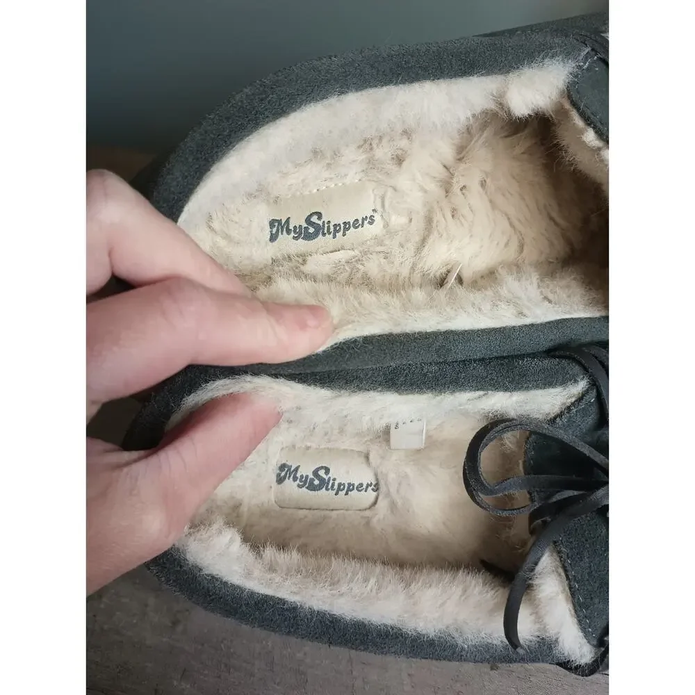 My Slippers Faux Fur Lined Leather Moccasins Mens 10 Cozy Cabin Dad Lounge